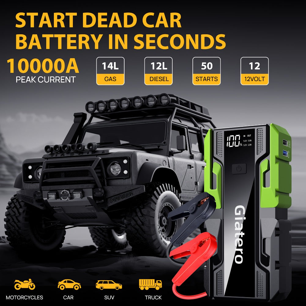 Giatero 10000A Car Jump Starter with 12V Battery Clamps, Digital Display, LED Light and Integrated Air Compressor