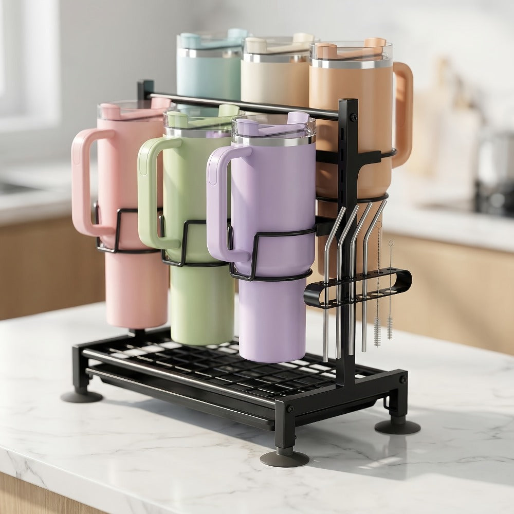 Cup Holder Rack 6-Grid Cast Iron Water Bottle Organizer for Kitchen Cabinet | Adjustable Height Drinkware Storage Rack Holds 40oz Cups Mugs