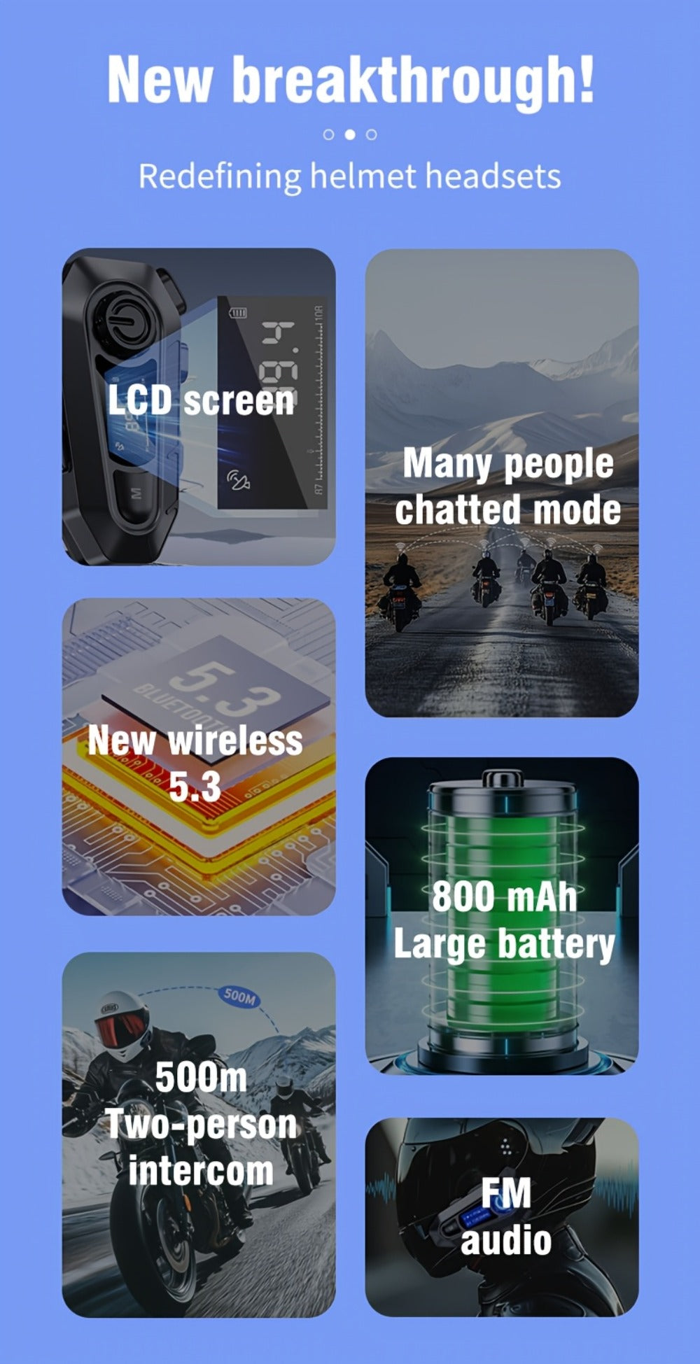 Motorcycle Helmet Bluetooth Intercom Headset 500M Range Bluetooth 5.3 LED Display Noise Cancelling Voice Control FM Radio Music Sharing