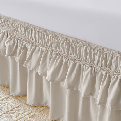 Double Ruffle Bed Skirt 16" Drop, Elastic Wrap Around Dust Ruffle for Twin Full Queen King Bed, Easy Install Linen Poly Blend Bedskirt