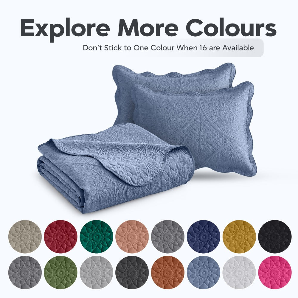 Floral-Pattern Three-Piece Bedspread Set in 16 Colors with Twin, Queen, King and California King Sizes