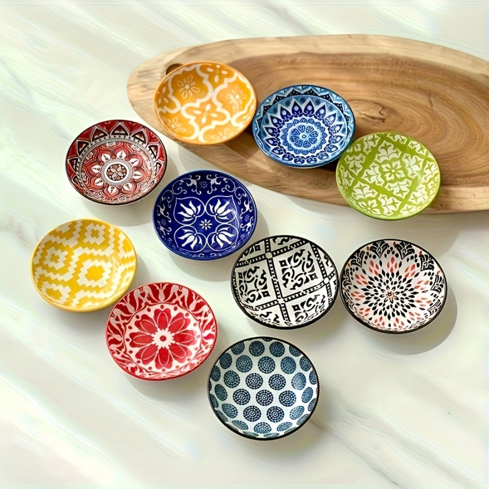 Ceramic Condiment Dish Set of 10, Bohemian Small Saucer Dipping Bowls for Soy Sauce, Vinegar & Spices