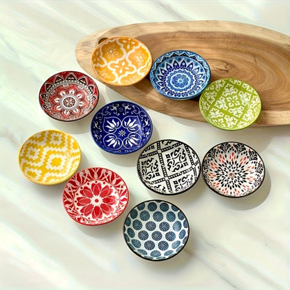 Ceramic Condiment Dish Set of 10, Bohemian Small Saucer Dipping Bowls for Soy Sauce, Vinegar & Spices