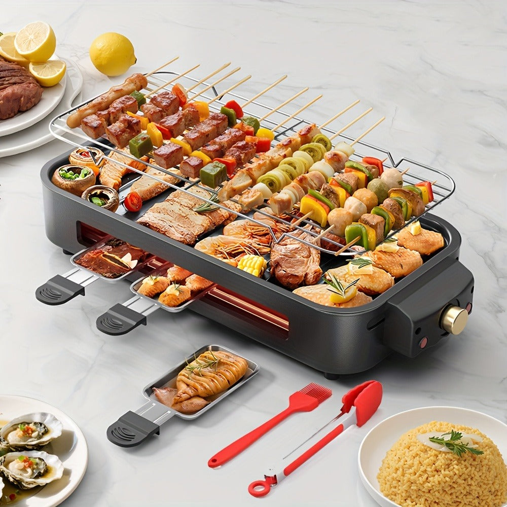 Electric Grill 2-in-1 Indoor BBQ & Frying Pan, 1500W Temperature Control, Non-Stick Detachable Cooking Board