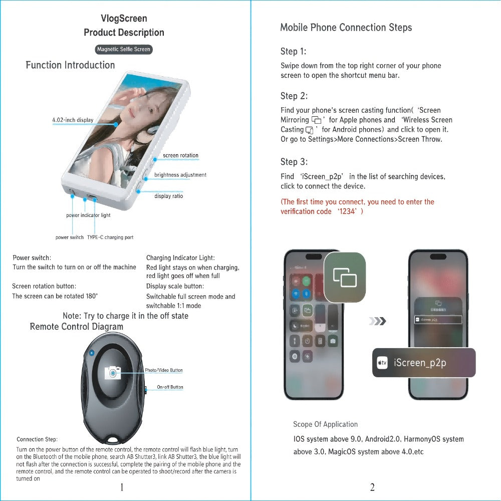 Magnetic Selfie Monitor Screen for Vlogging & Live Streaming, Rear-Facing Main Camera Display for iPhone & Android
