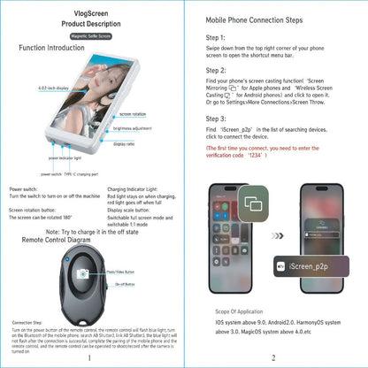 Magnetic Selfie Monitor Screen for Vlogging & Live Streaming, Rear-Facing Main Camera Display for iPhone & Android