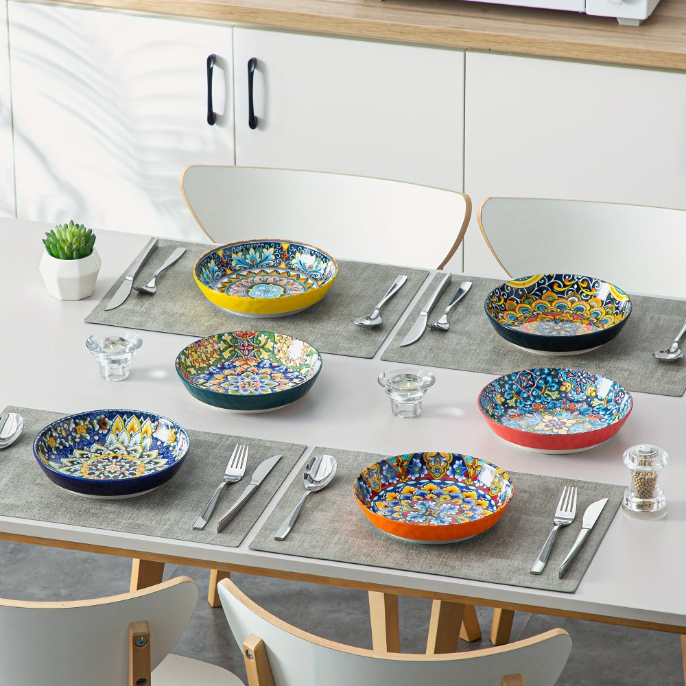 Bohemian Pasta Bowls Set of 6, 32 Oz Porcelain, Floral Pattern, Microwave &, VANCASSO for Entryways, Bedrooms and Living Spaces