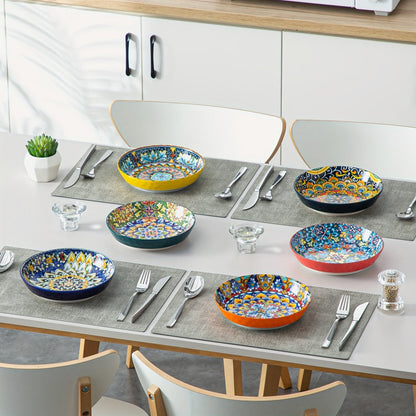 Bohemian Pasta Bowls Set of 6, 32 Oz Porcelain, Floral Pattern, Microwave &, VANCASSO for Entryways, Bedrooms and Living Spaces