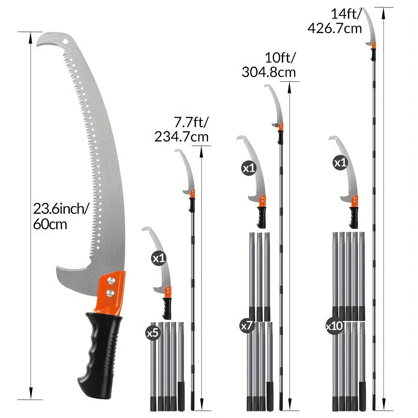 Tree Pruner Pole Saw 10ft, 14ft Extendable, Alloy Steel Blade, Manual High Reach Pruning Saw for Yard