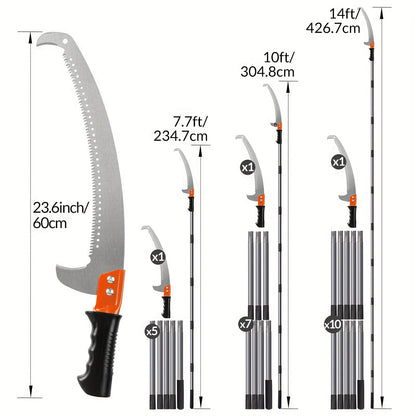 Tree Pruner Pole Saw 10ft, 14ft Extendable, Alloy Steel Blade, Manual High Reach Pruning Saw for Yard
