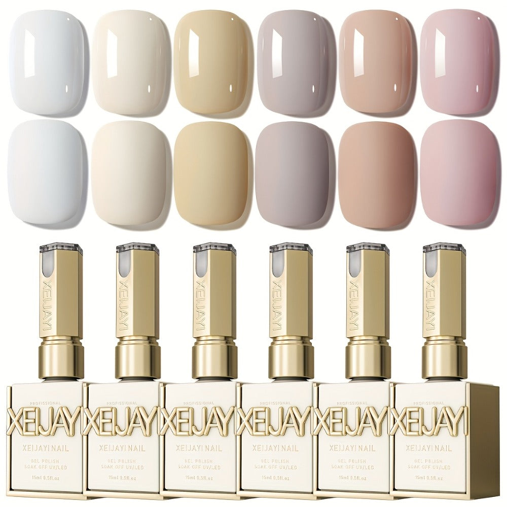 Gel Nail Polish 6-Color Gentle White Set with Milk-Tea, Cherry-Blossom Pink and Soft Shades for UV/LED Soak-Off Cure