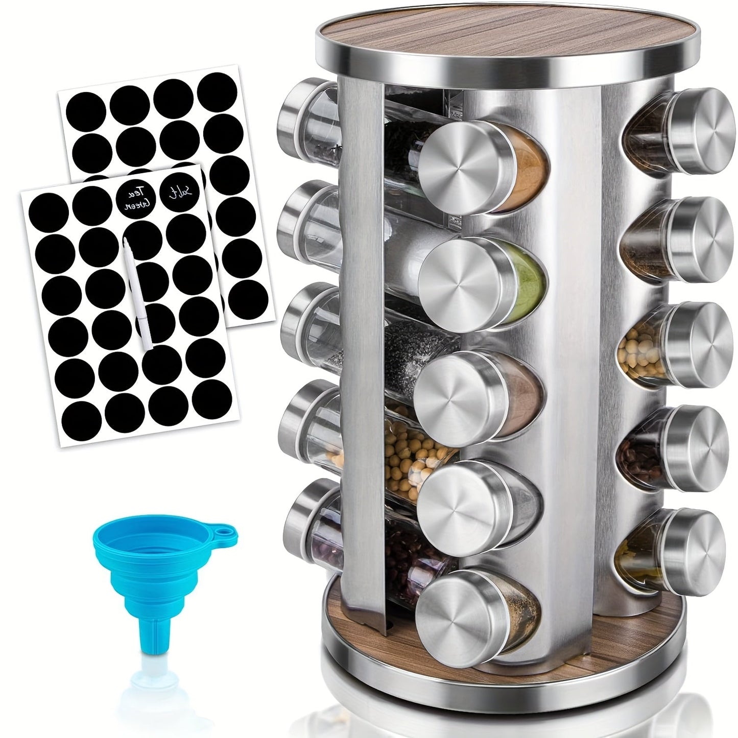Rotating Spice Rack with 20 Glass Jars 360-Degree Revolving Stainless Steel Spice Tower for Home Cooking, Dining and Outdoor Meals