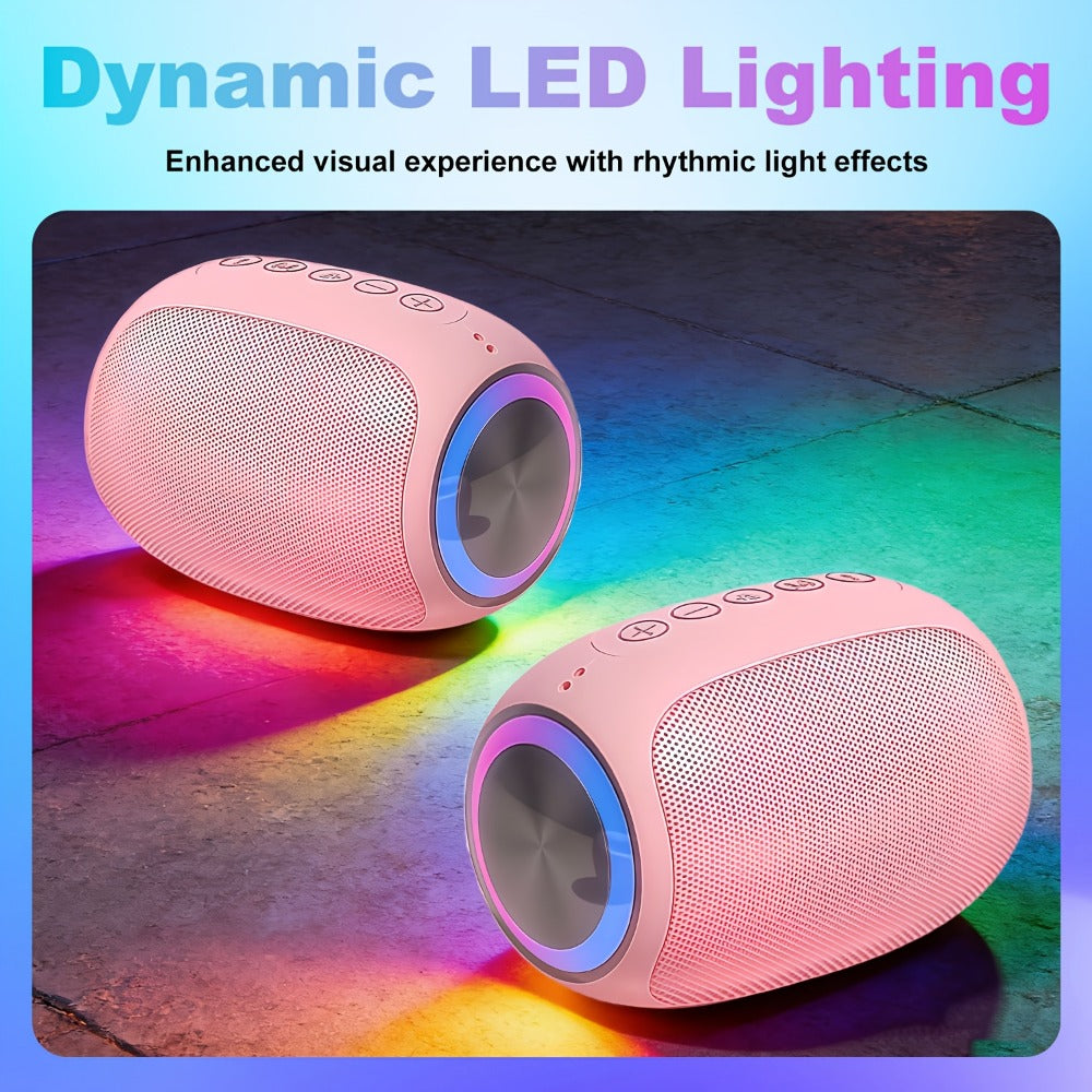 Portable Bluetooth Speaker Foubeak Pink Dual-Speaker Model with Colored LED Lights and Rechargeable Battery