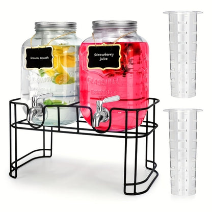 Glass Beverage Dispenser Set with Stand, 1-Gallon Square Glass Drink Dispenser with Stainless Steel Spigot & Ice Tube