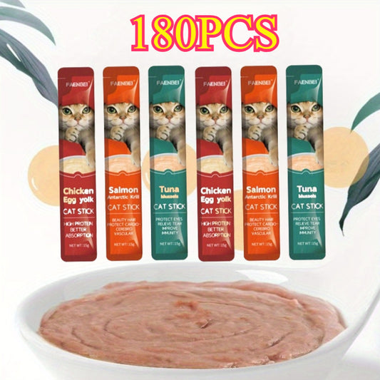 Cat Nutrition Strips 180-Piece Variety Pack – Wet Food Treats in Chicken, Salmon, Tuna, Egg Yolk, Krill & Mussel Flavors | High-Protein