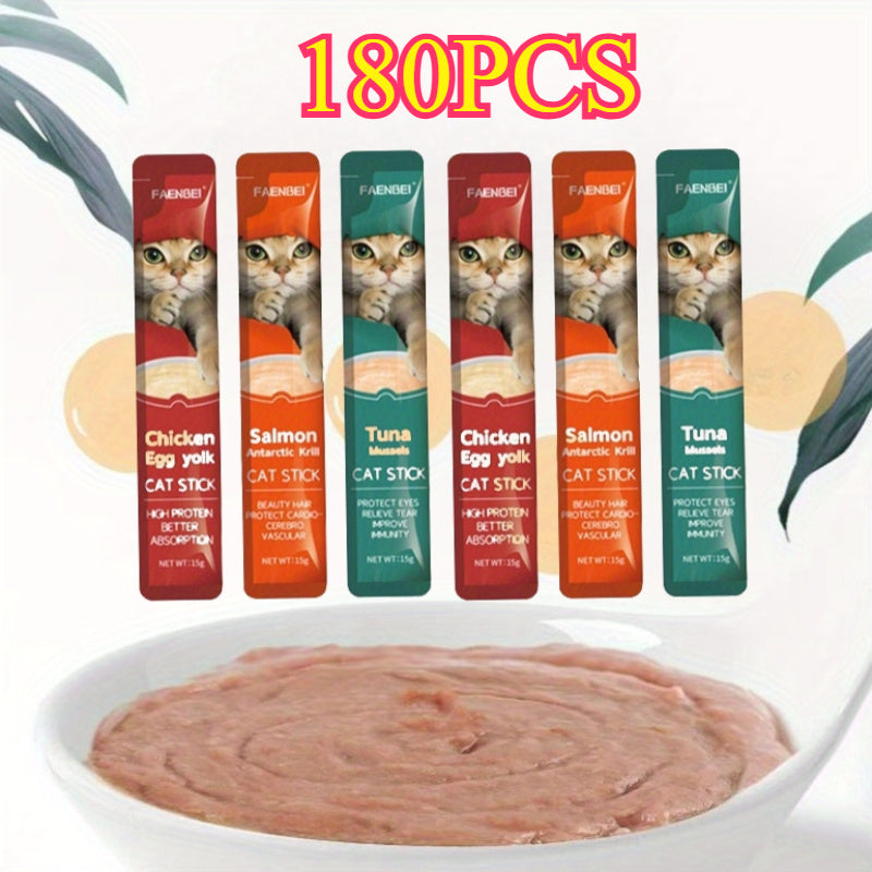 180-Piece Mixed Wet Cat Treat Strips in Chicken-Egg, Salmon-Krill and Tuna-Mussel Blends Pictured