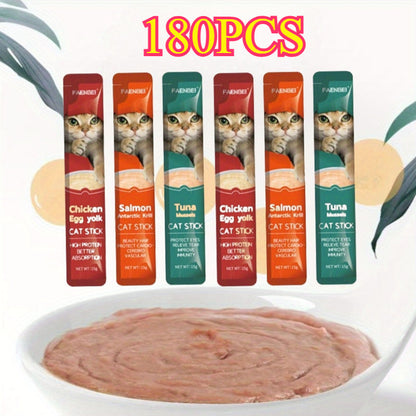 180-Piece Mixed Wet Cat Treat Strips in Chicken-Egg, Salmon-Krill and Tuna-Mussel Blends Pictured