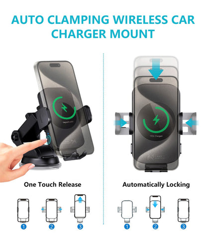 15W Auto-Clamping Wireless Car Phone Mount with Dashboard Suction Base and Blue or Gold Finish