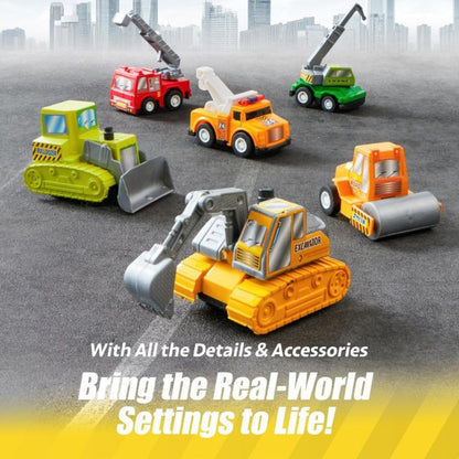 18-Piece Pull Back Mini Cars Set for Kids, City Vehicles Fire Truck Police Car School Bus Freight Train
