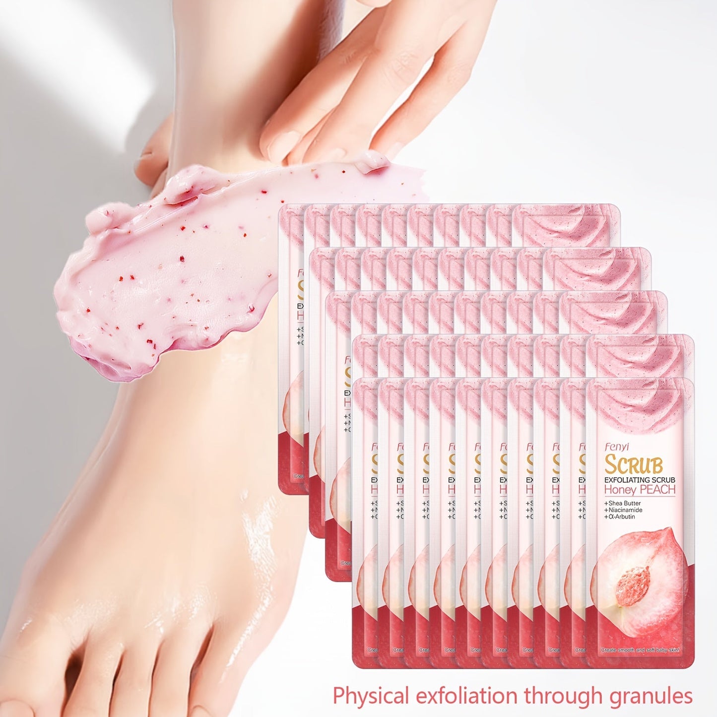 Peach Body Scrub with Jojoba Beads, Fifty 0.11oz Travel Sachets for Foot and Body Care at Home