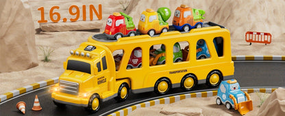 Transport Construction Truck Toy for Boys, 16.9 Inch Large Carrier Truck with 6 Cars, Lights & Sounds