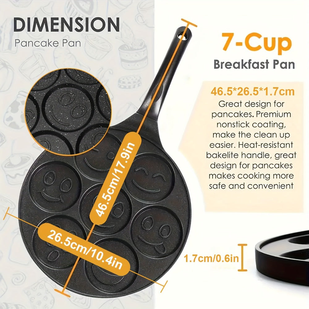 Non-Stick Pancake Pan 7-Hole Smiley Face, Fun Breakfast Egg & Bacon Frying Tray for Kids & Family