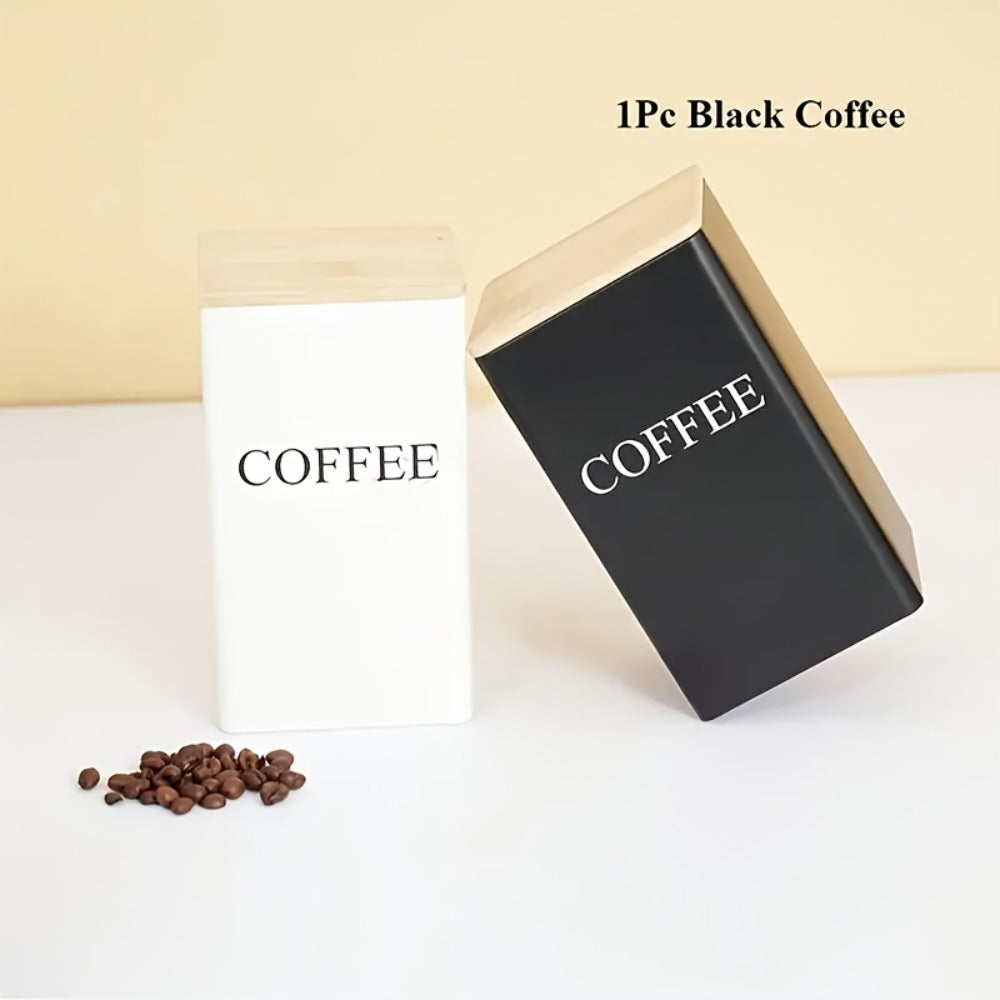 Three Rectangular Metal Canisters for Coffee, Tea and Sugar with Wood-Tone Lids in Black or White