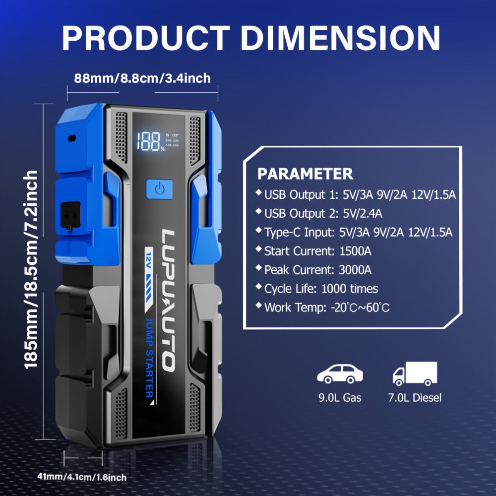 12V Jump Starter Kit with LP-K23 5000A-Labeled or 011B Model, Digital Display, LED Light, USB Outputs and Case
