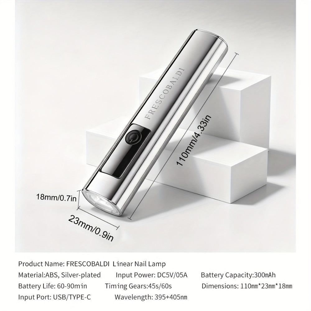 Metallic Handheld Linear UV/LED Nail Lamp with 45s/60s Timers, Type-C Input and 300mAh Label