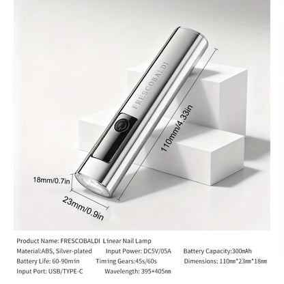 Metallic Handheld Linear UV/LED Nail Lamp with 45s/60s Timers, Type-C Input and 300mAh Label