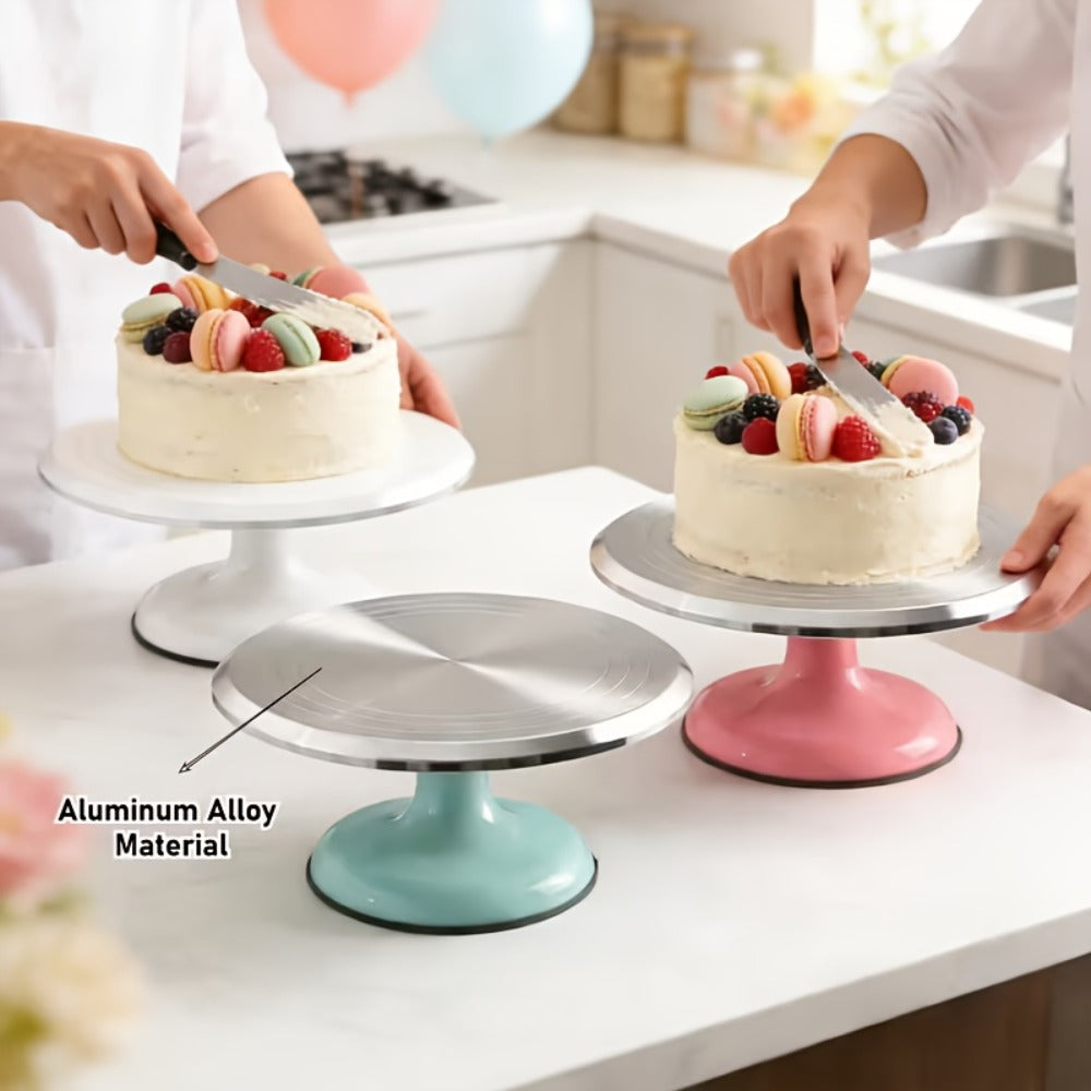 9.84-Inch Rotating Cake Turntable with Frosting Spatula and Pink, Sky Blue or White Base for Decorating