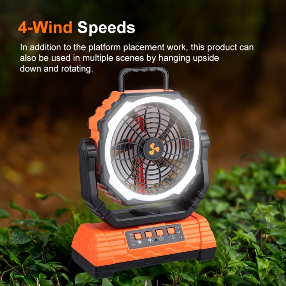 Portable Camping Fan with Dual Motors LED Light & Remote Control, Solar Powered Outdoor Fan with Hook for Tent Work Site Power Outage