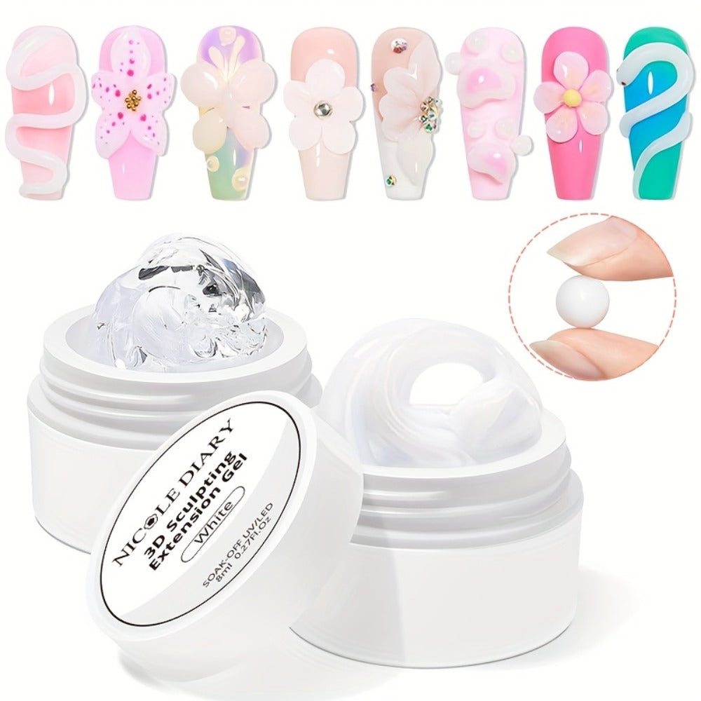 3D Sculpting Builder Gel Kit with Carving Pen – Clear & White Nail Extension Gel for Floral Nail Art, Acrylic Extensions & DIY Salon