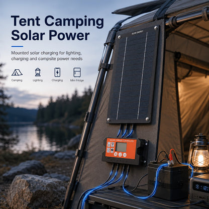 Slim Monocrystalline Solar Charging Panel Kit with Orange Controller, Clip Leads and Suction Cups
