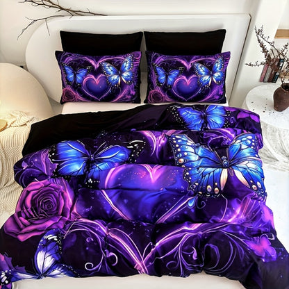 3-Piece Duvet Cover Set with Purple Butterfly, Rose and Heart Print, Zipper Closure and Four Sizes