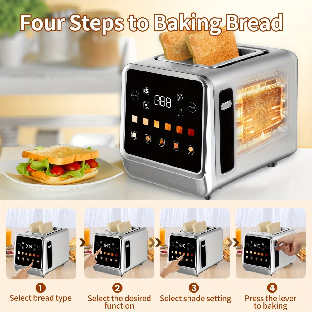 Digital Touch Screen Toaster 2 Slice Stainless Steel with 5 Bread Functions 7 Shade Settings for Home Cooking, Dining and Outdoor Meals