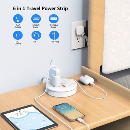 Power Strip Retractable Two-Pack with 3 AC Outlets, 1 USB-A, 2 USB-C, 4-Foot Cord and Flat Plug