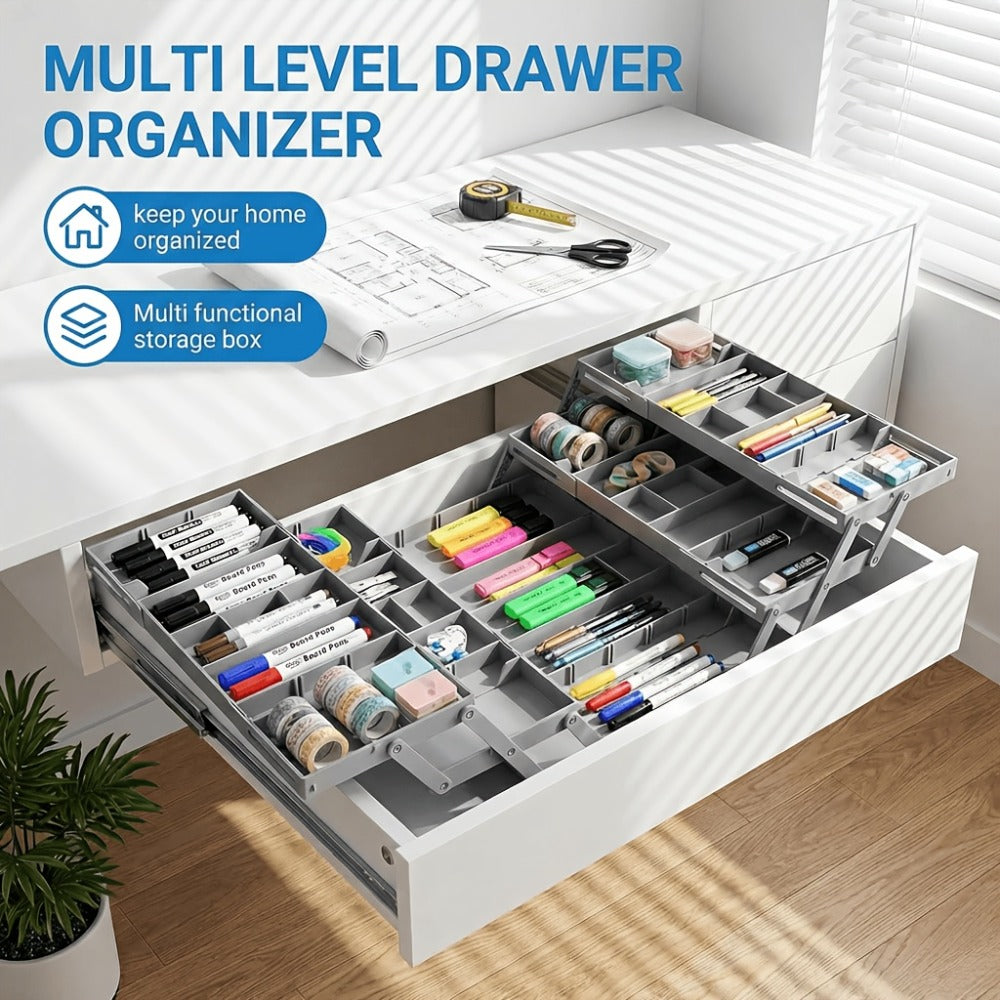 Two-Row Cantilever Drawer Organizer with Two- or Three-Layer Expandable Storage Configurations