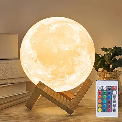 Moon Lamp 16-Color RGBW LED Night Light – 3D Printed 6.1" Realistic Moon with Remote Control & Wooden Stand