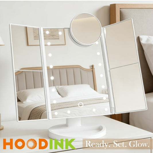 LED Tri-Fold Makeup Mirror with Touch Screen, 1X/2X/3X/10X Magnifying Vanity Mirror, Flexible Adjustable Base