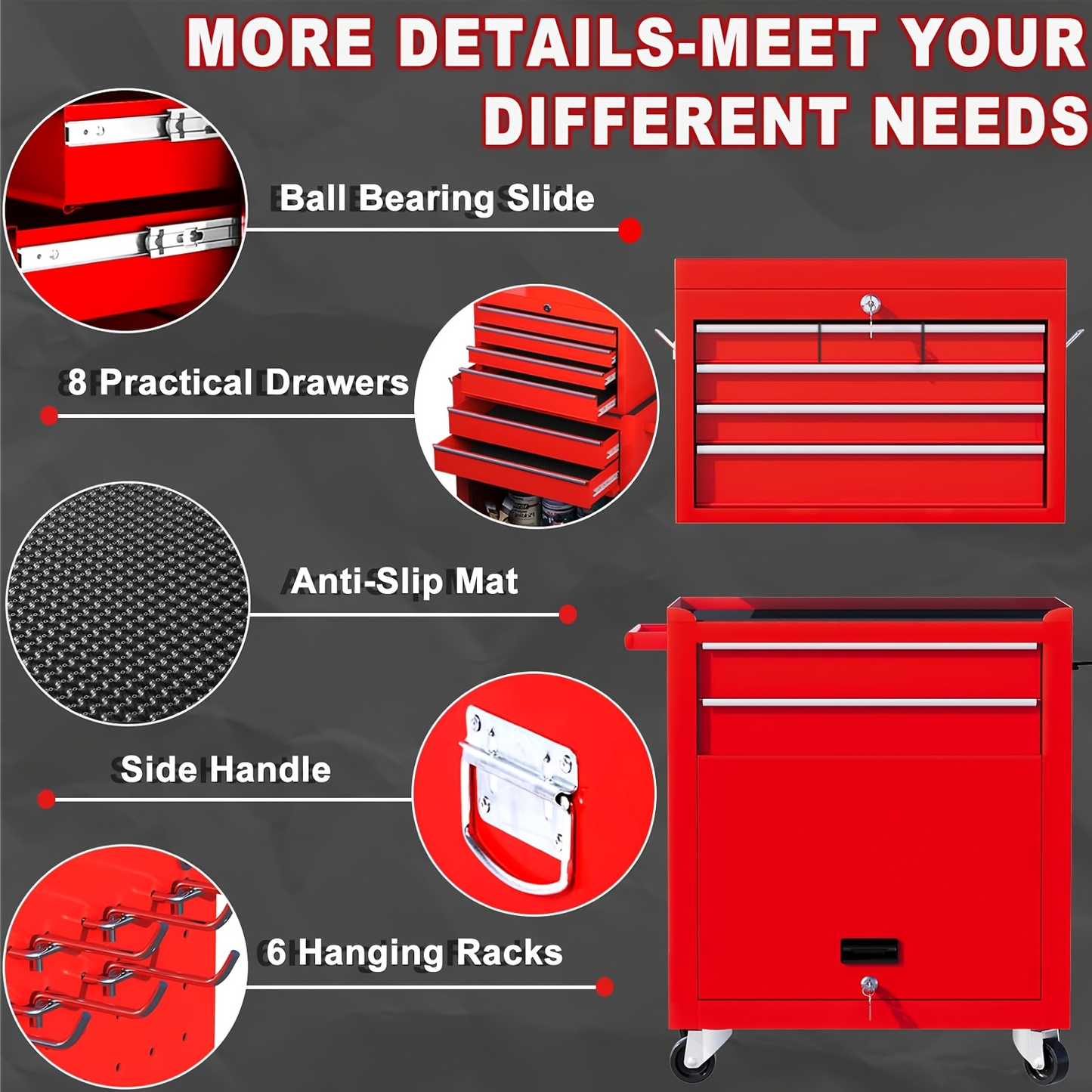 Rolling Tool Chest 8-Drawer Alloy Steel 2-in-1 Mobile Workbench Detachable Top Lockable Wheels Garage for Garden, Patio and Yard Use