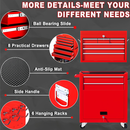 Rolling Tool Chest 8-Drawer Alloy Steel 2-in-1 Mobile Workbench Detachable Top Lockable Wheels Garage for Garden, Patio and Yard Use