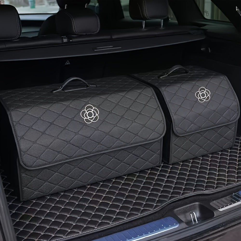 Car Trunk Organizer, Foldable Quilted Lidded Storage Box in Small or Large Size with Black and White Options