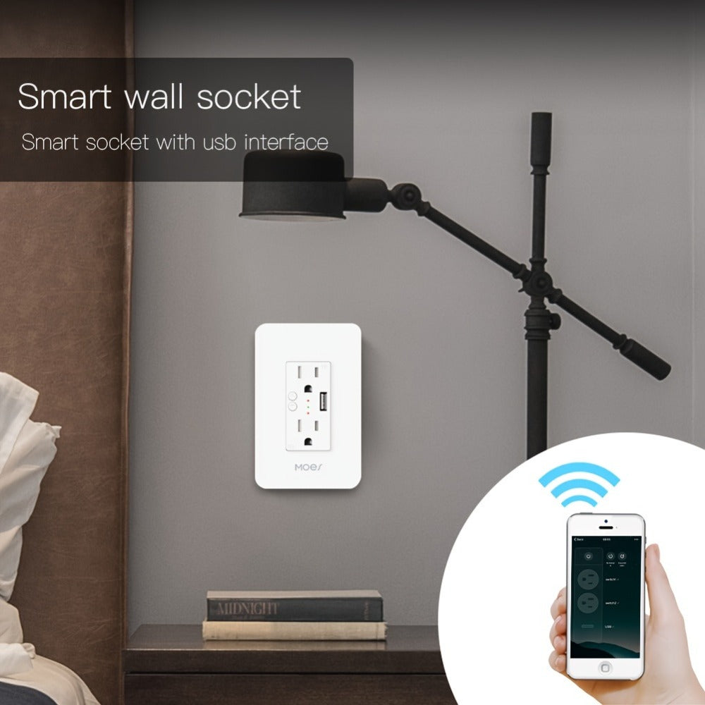 Smart WiFi Wall Outlet with 2 AC Outlets & USB Charging Port, Works with Alexa & Google Home, App Remote Control