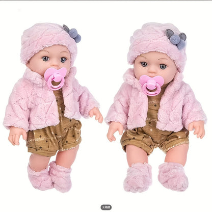 Pink Baby Doll with Open-Eye Face, Pacifier and Textured Outfit Across Three Checkout Style Labels