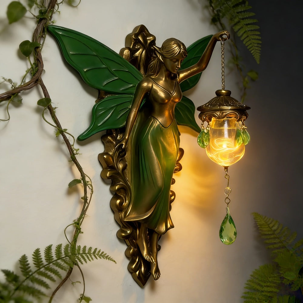 Fairy Statue Wall Decor 9.84in Fantasy Forest Fairy Sculpture, Carved Green Leaf Art Wall Hanging Ornament for Bedroom Living Room