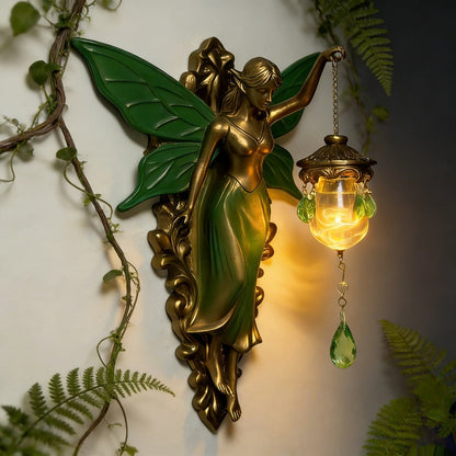 Fairy Statue Wall Decor 9.84in Fantasy Forest Fairy Sculpture, Carved Green Leaf Art Wall Hanging Ornament for Bedroom Living Room