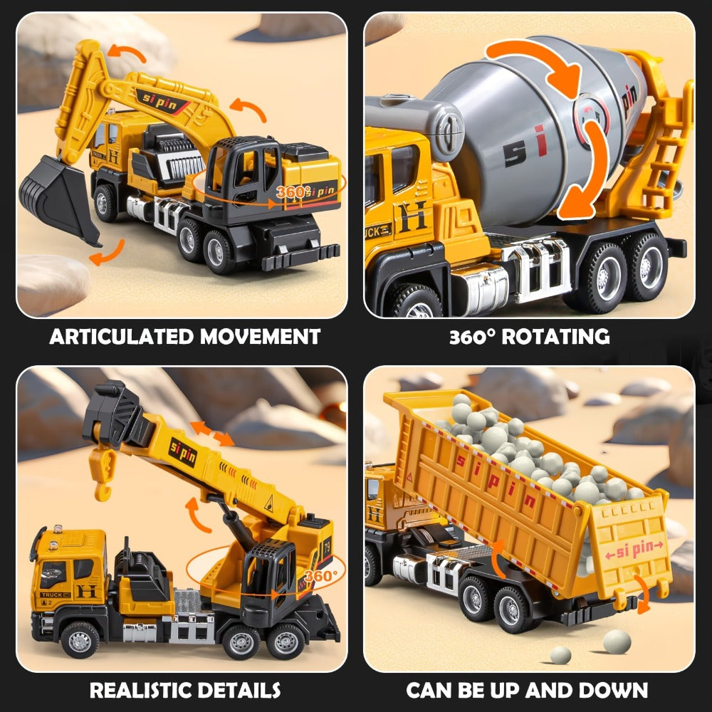 Die-Cast Construction Vehicle Toy Set, Mini Alloy Excavator, Dump Truck, Cement Mixer & Crane Trucks for Toddlers Boys Ages 3+