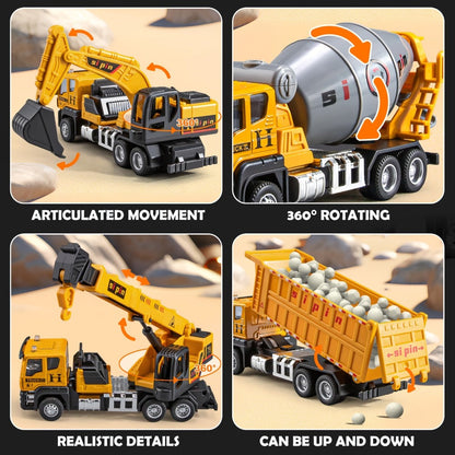Die-Cast Construction Vehicle Toy Set, Mini Alloy Excavator, Dump Truck, Cement Mixer & Crane Trucks for Toddlers Boys Ages 3+