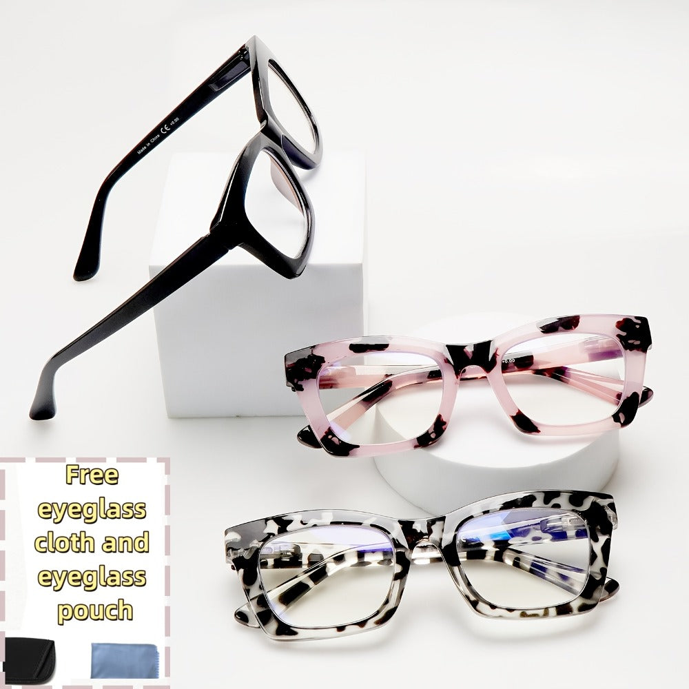 Reading Glasses – Three-Pair Square Reader Set with Spring Hinges, Cloths and Bags with Multiple Strength and Color Options
